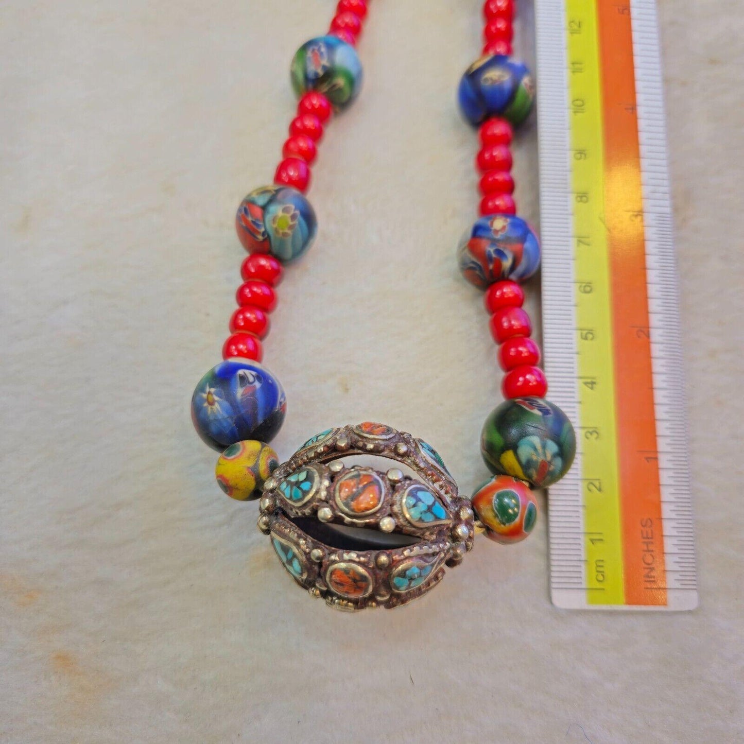 Venetian 8mm white heart with nepalese brass handmade beaded necklace