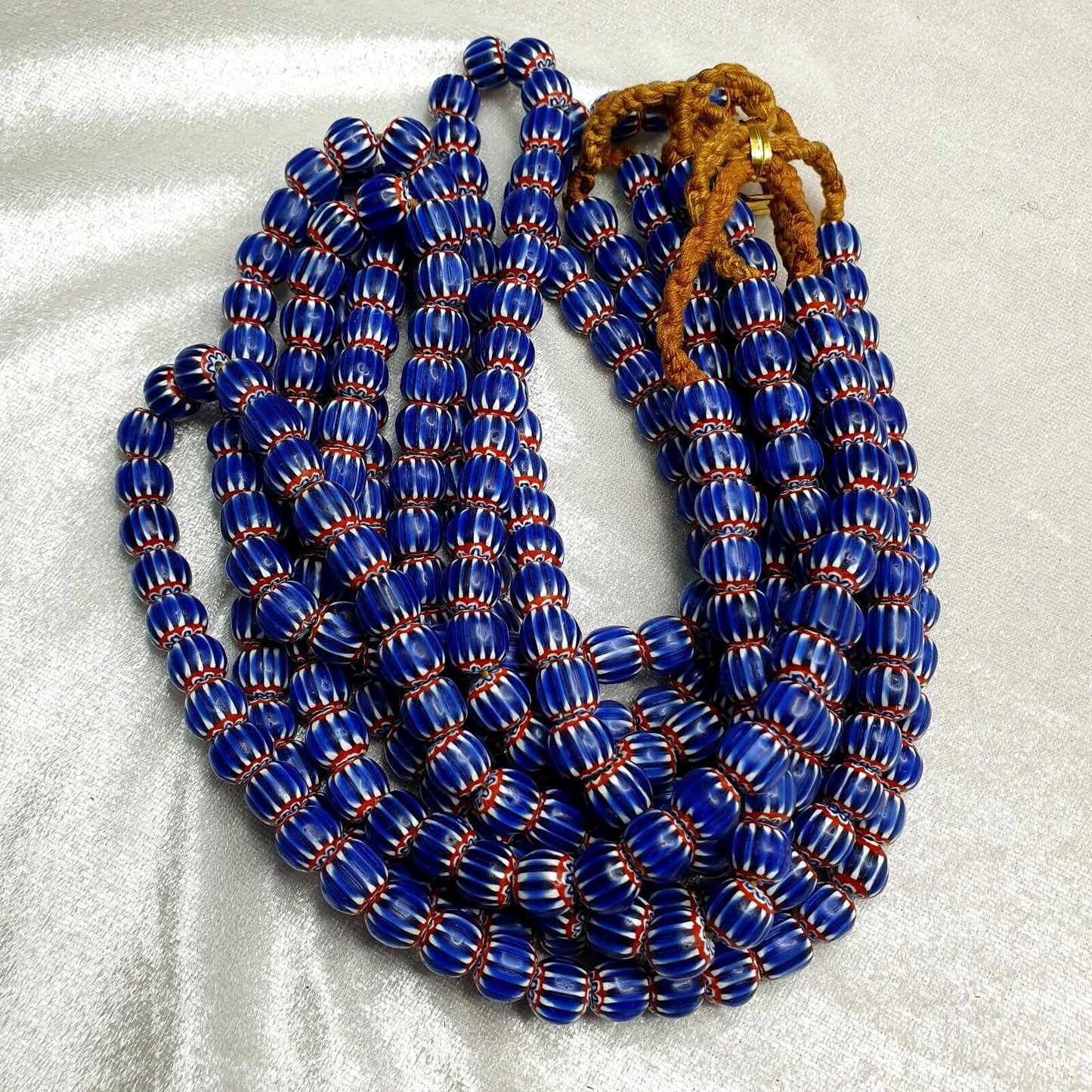 Vintage blue chevron venetian style multilayers 10mm glass beads necklace