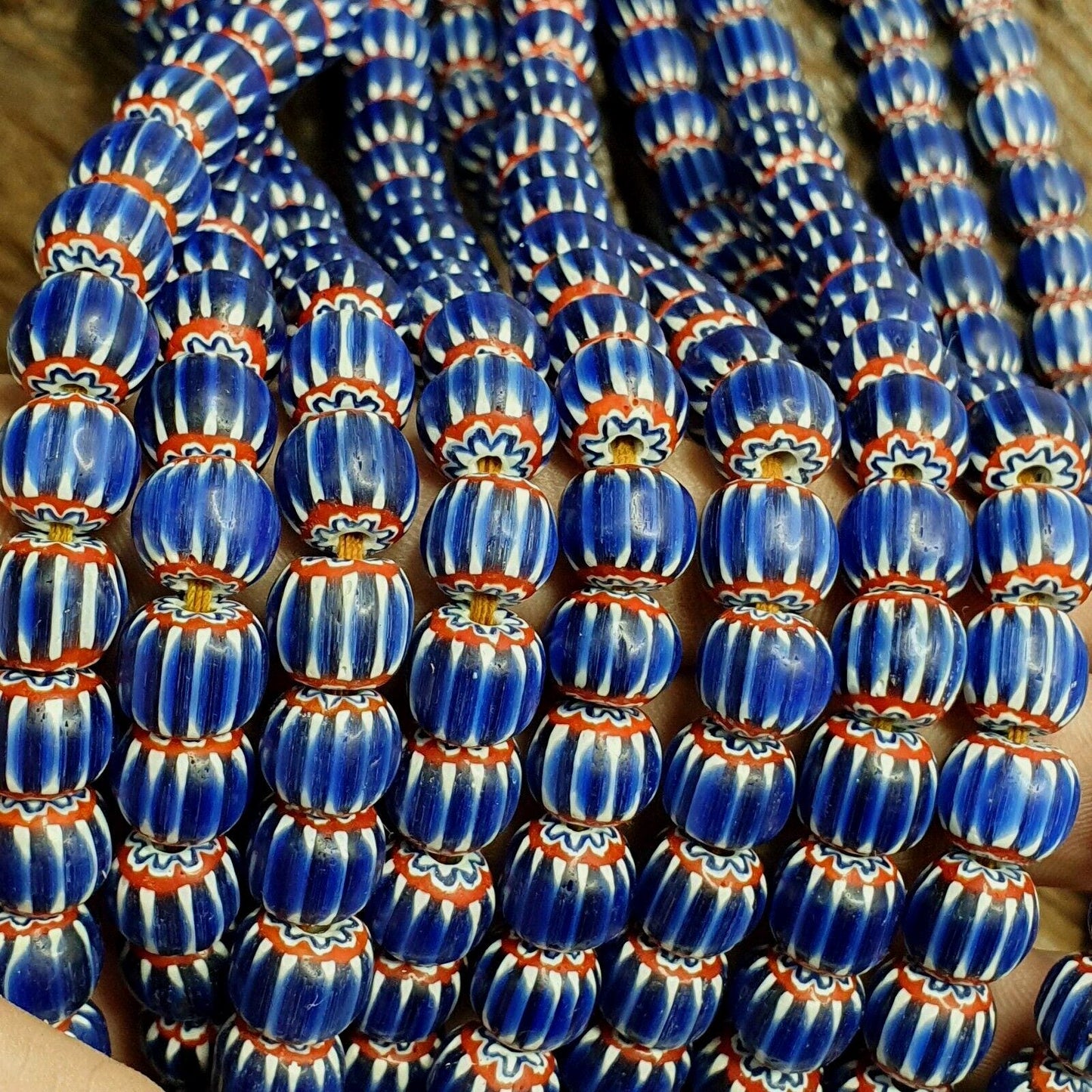 Vintage blue chevron venetian style multilayers 10mm glass beads necklace