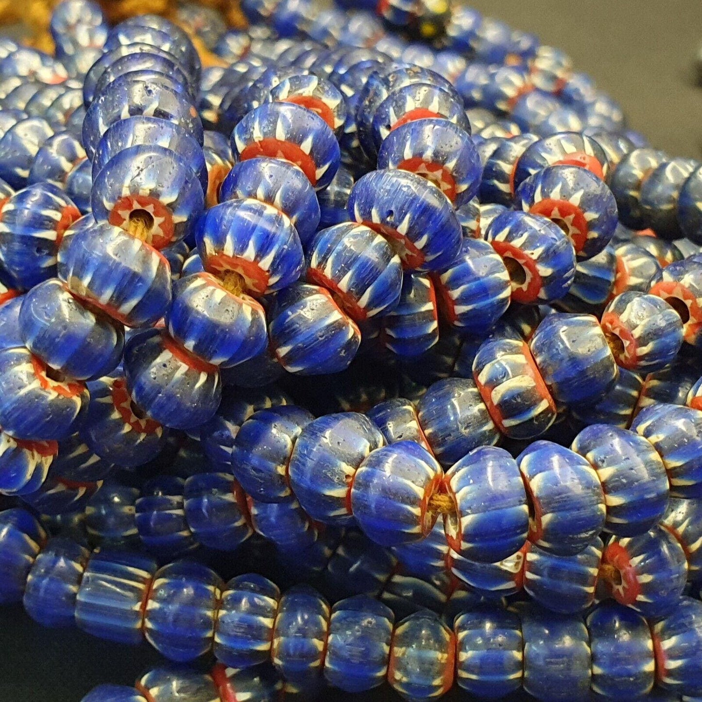 Vintage venetian african style glass blue chevron 9mm beads long strandGift