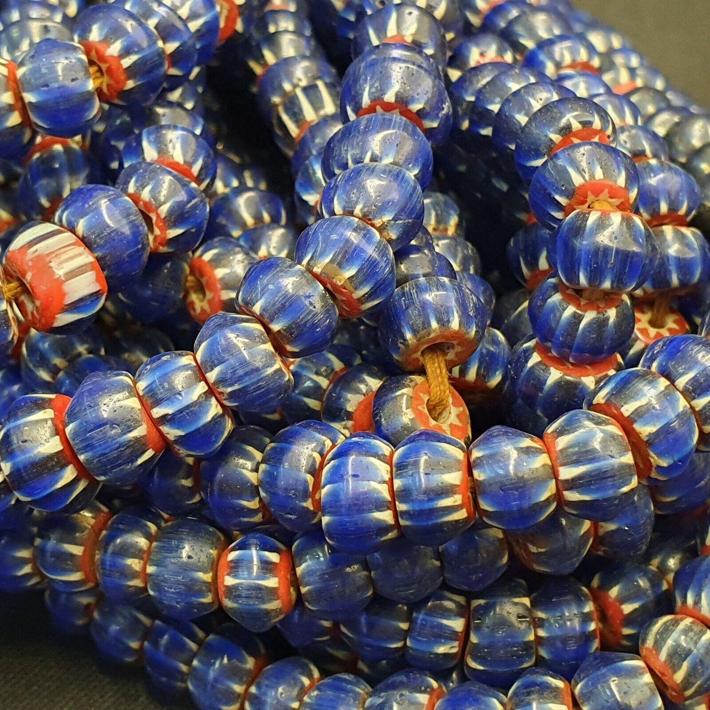 Vintage venetian african style glass blue chevron 9mm beads long strandGift