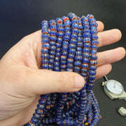 Vintage venetian african style glass blue chevron 9mm beads long strand .