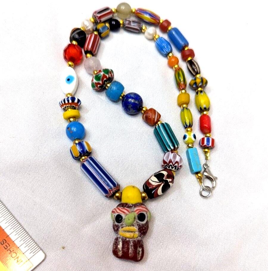 Vintage handmade face bead mix chevron glass beaded necklace #3.