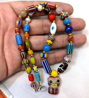 Vintage handmade face bead mix chevron glass beaded necklace #3.