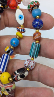 Vintage handmade face bead mix chevron glass beaded necklace #3.