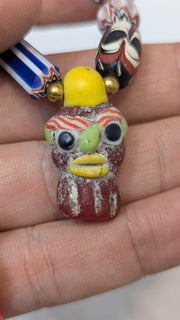 Vintage handmade face bead mix chevron glass beaded necklace #3.