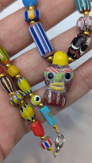 Vintage handmade face bead mix chevron glass beaded necklace #3.