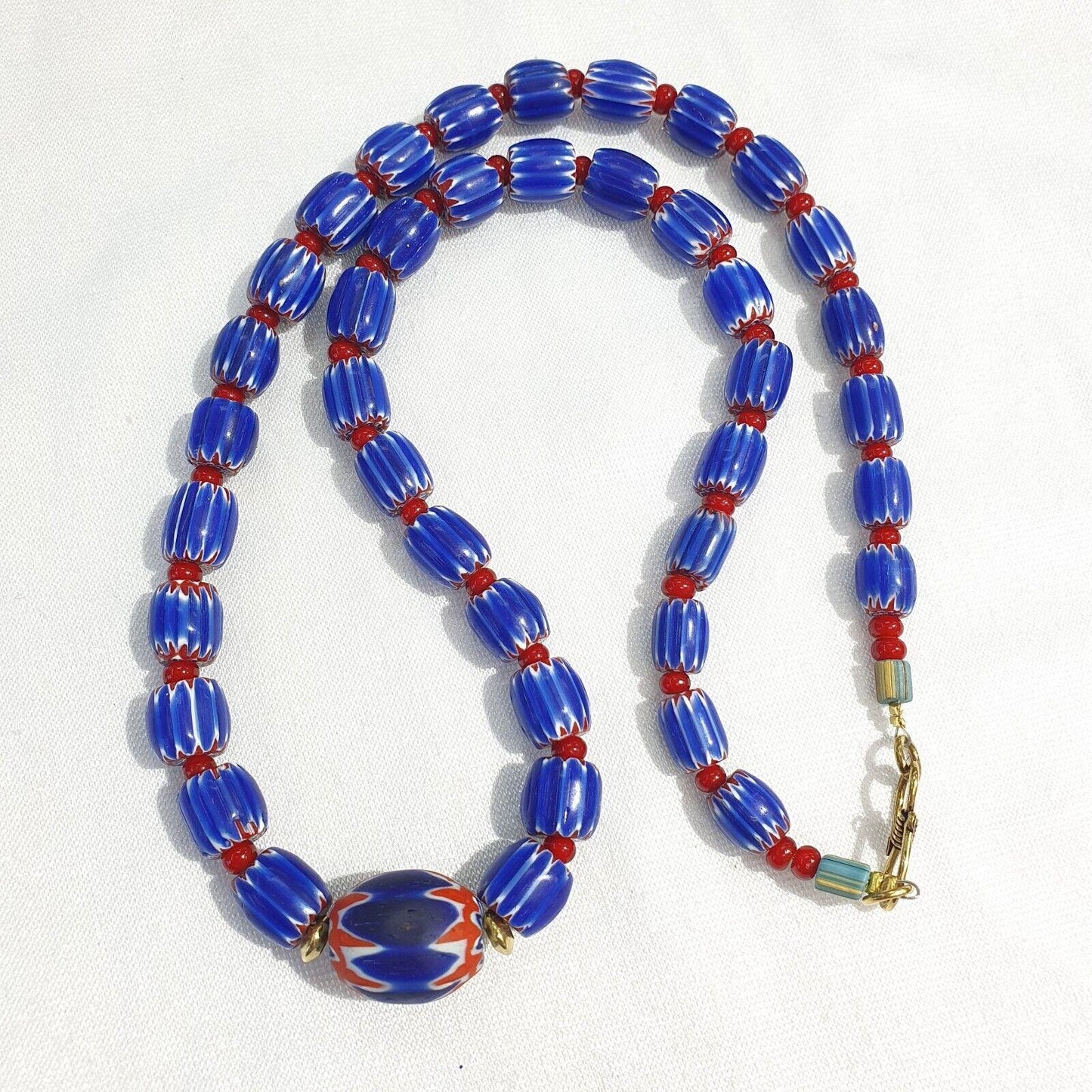 Vintage venetian white heart with blue glass chevron beads necklace.Gift