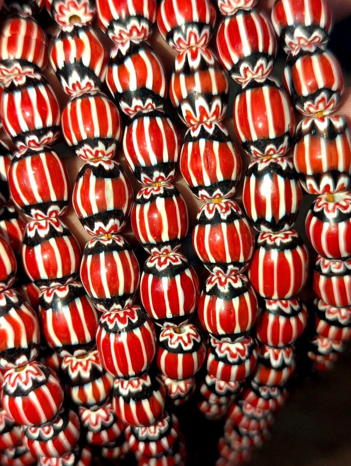 Vintage venetian style beads old african red chevron glass beads long strandGift