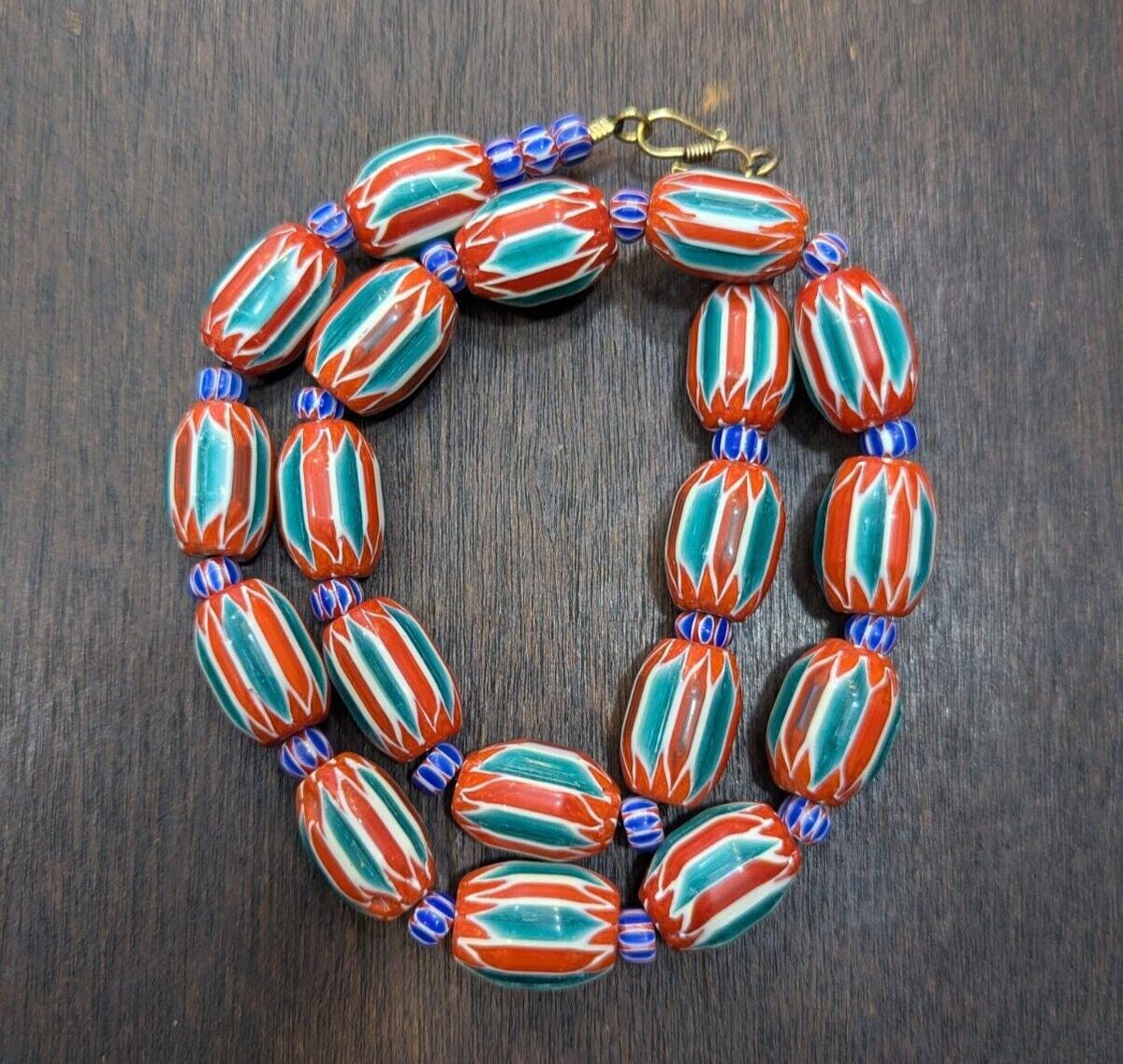Big size venetian style old green red chevron glass beads long strandGift