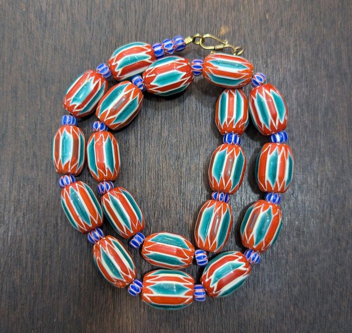 Big size venetian style old green red chevron glass beads long strandGift