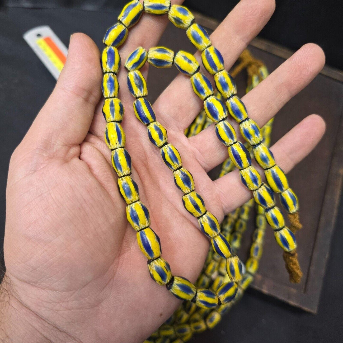 Vintage yellow tube chevron venetian inspired beads strand necklace nc-524