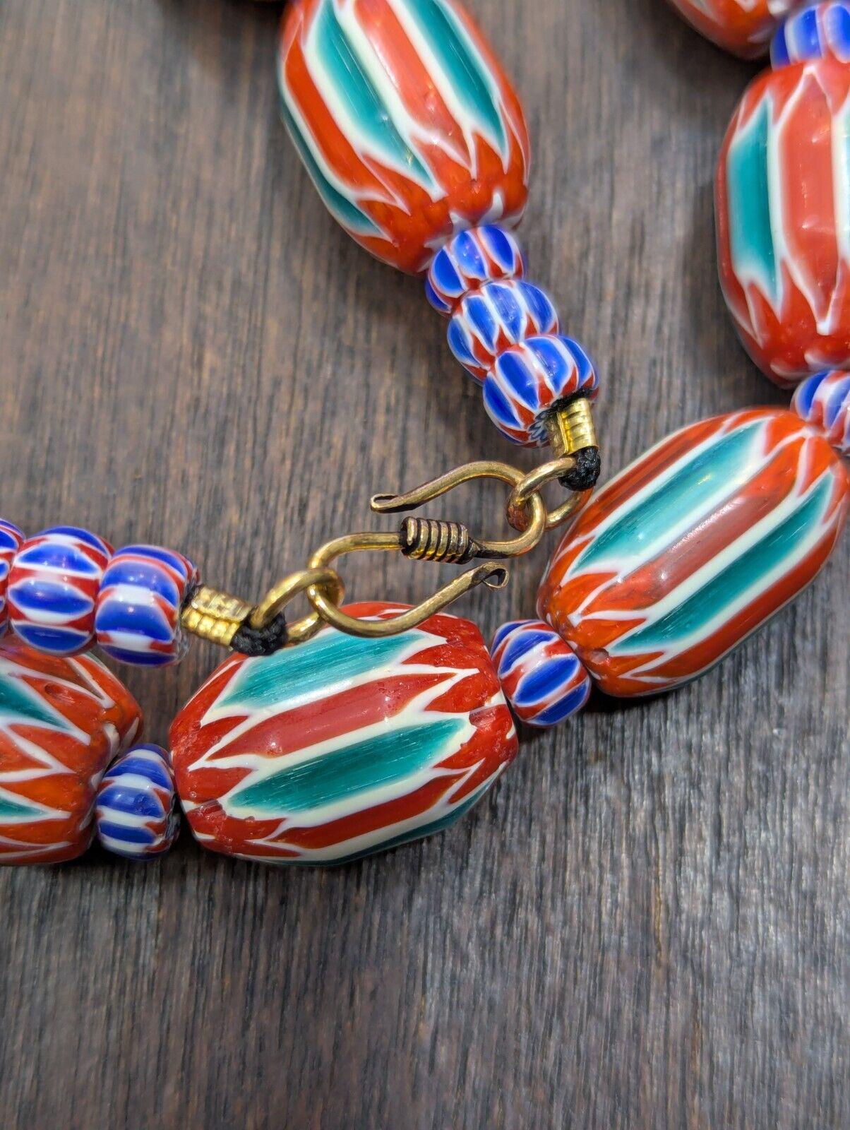 Big size venetian style old green red chevron glass beads long strandGift