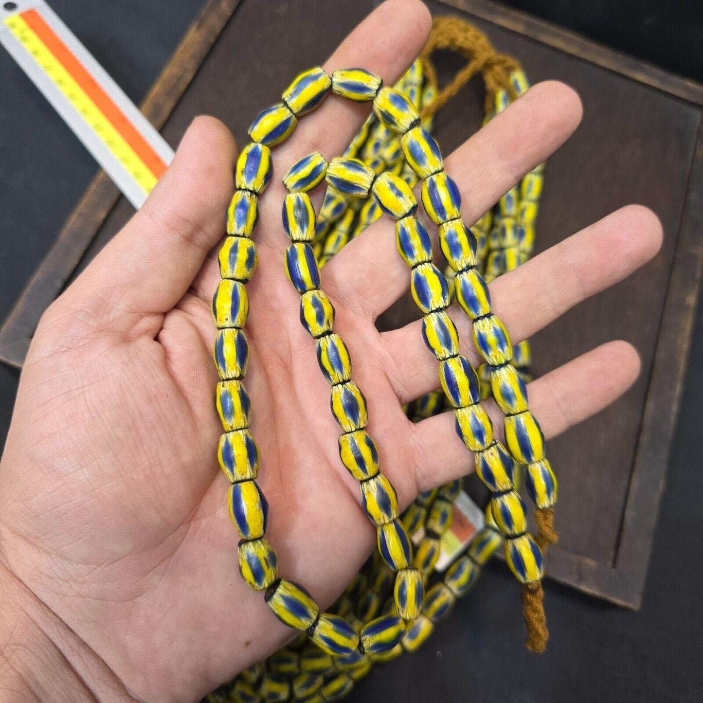 Vintage yellow tube chevron venetian inspired beads strand necklace nc-524