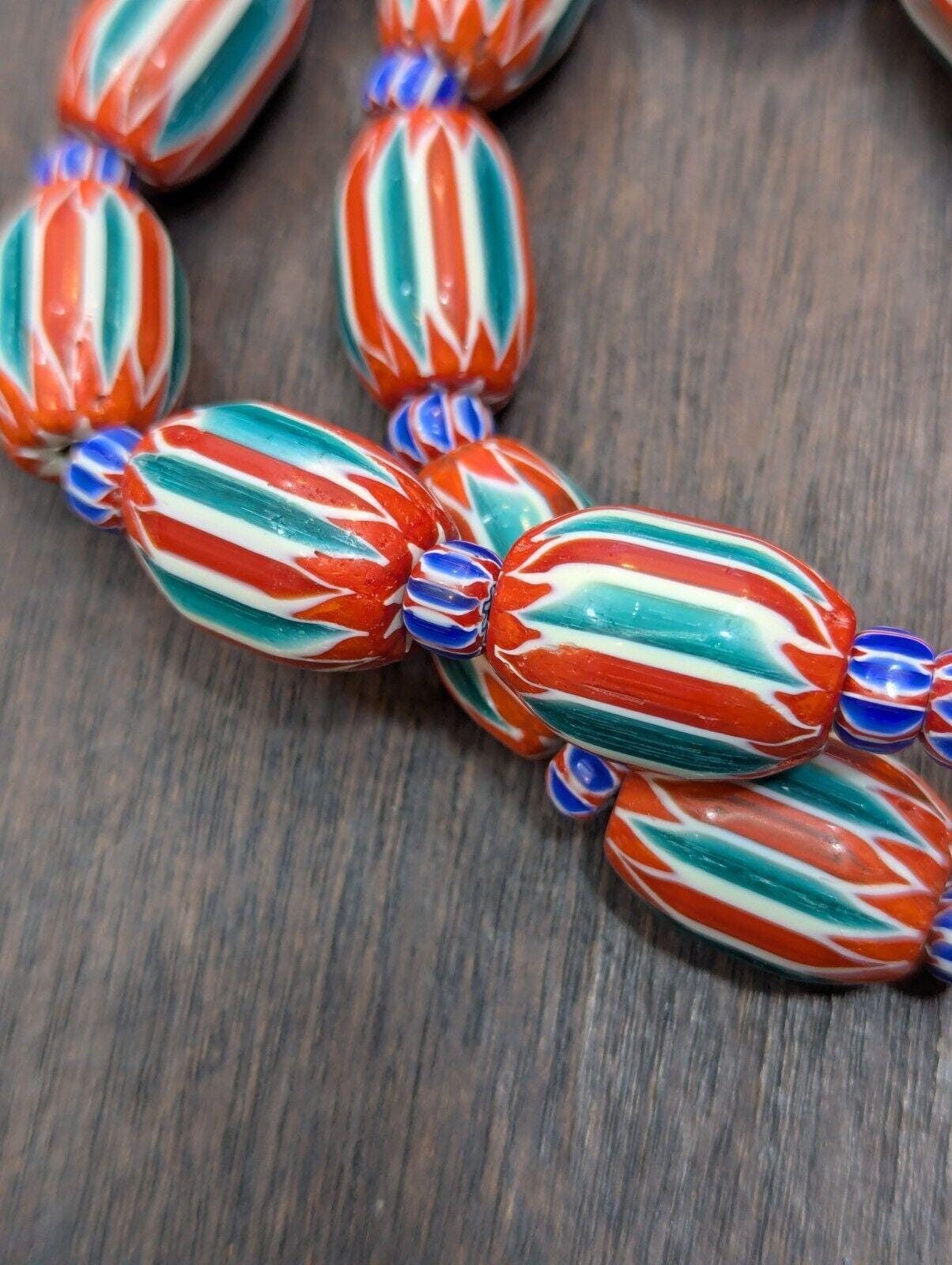 Big size venetian style old green red chevron glass beads long strandGift