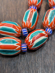 Big size venetian style old green red chevron glass beads long strand.