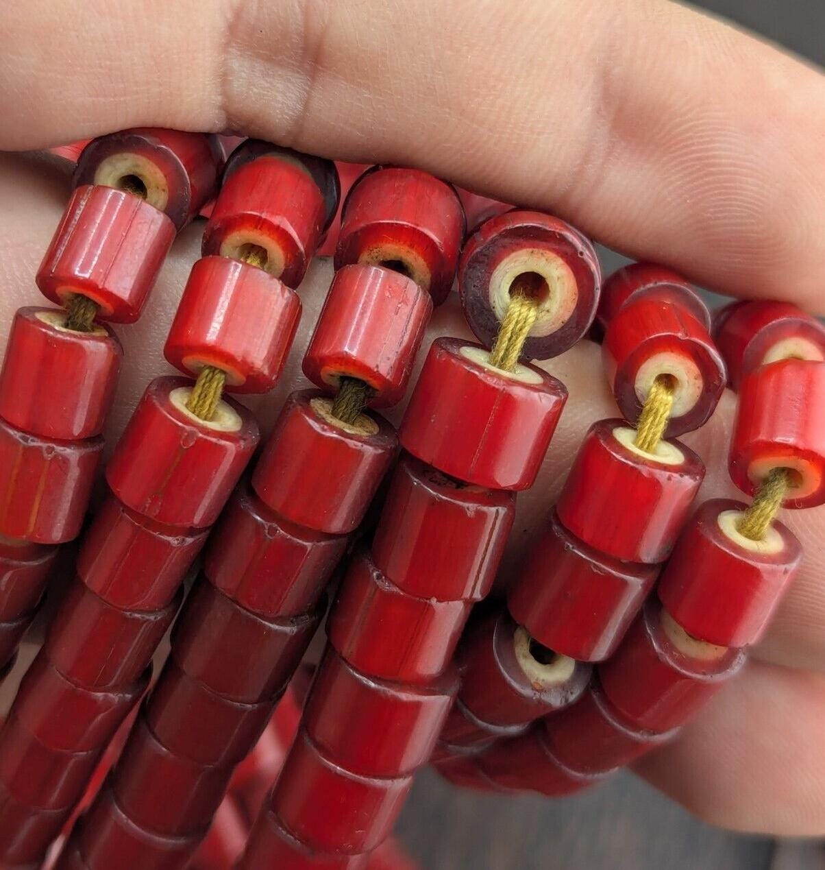 7mm antique venetian style cranberry red white heart beads necklace 24" long