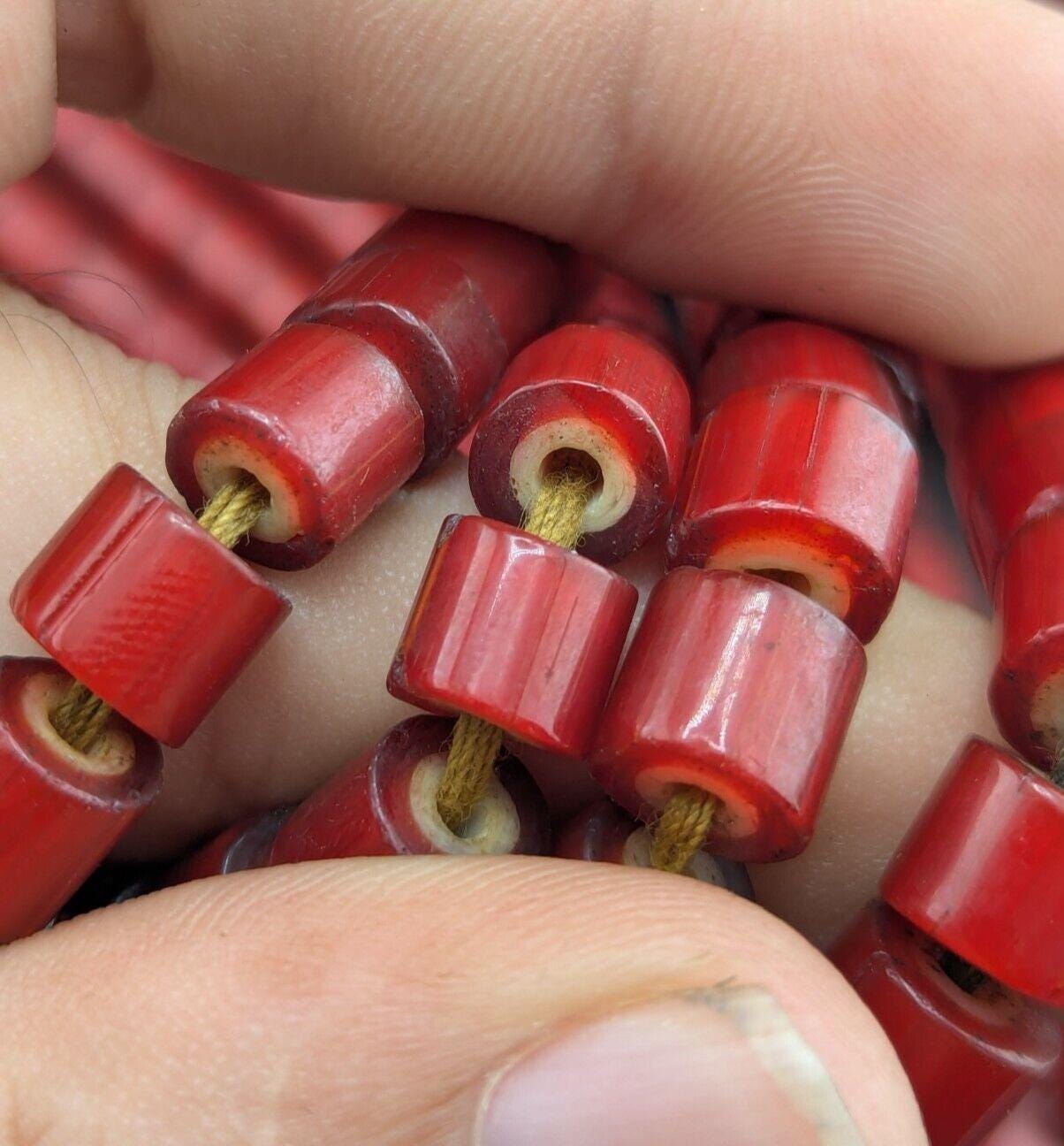 7mm antique venetian style cranberry red white heart beads necklace 24" long