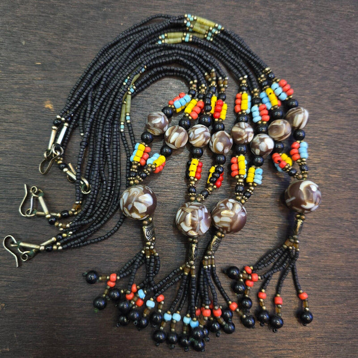 Vintage jade, glass decorated shell beads beaded necklaceGift