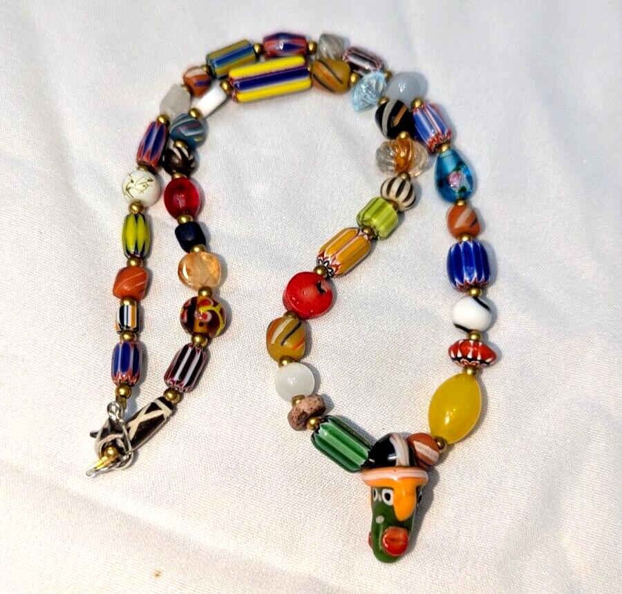Vintage handmade face bead mix chevron glass beaded necklace #2.
