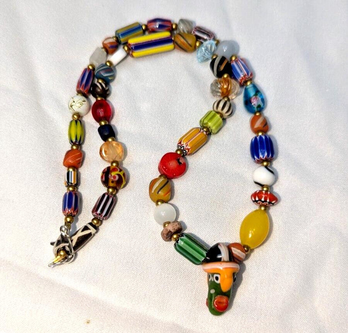 Vintage handmade face bead mix chevron glass beaded necklace #2Gift