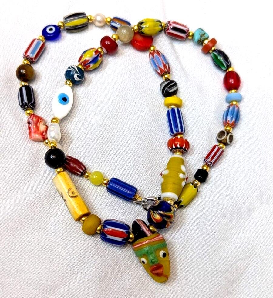 Vintage handmade face bead mix chevron glass beaded necklace #1.
