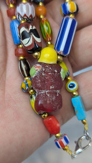 Vintage handmade face bead mix chevron glass beaded necklace #3.