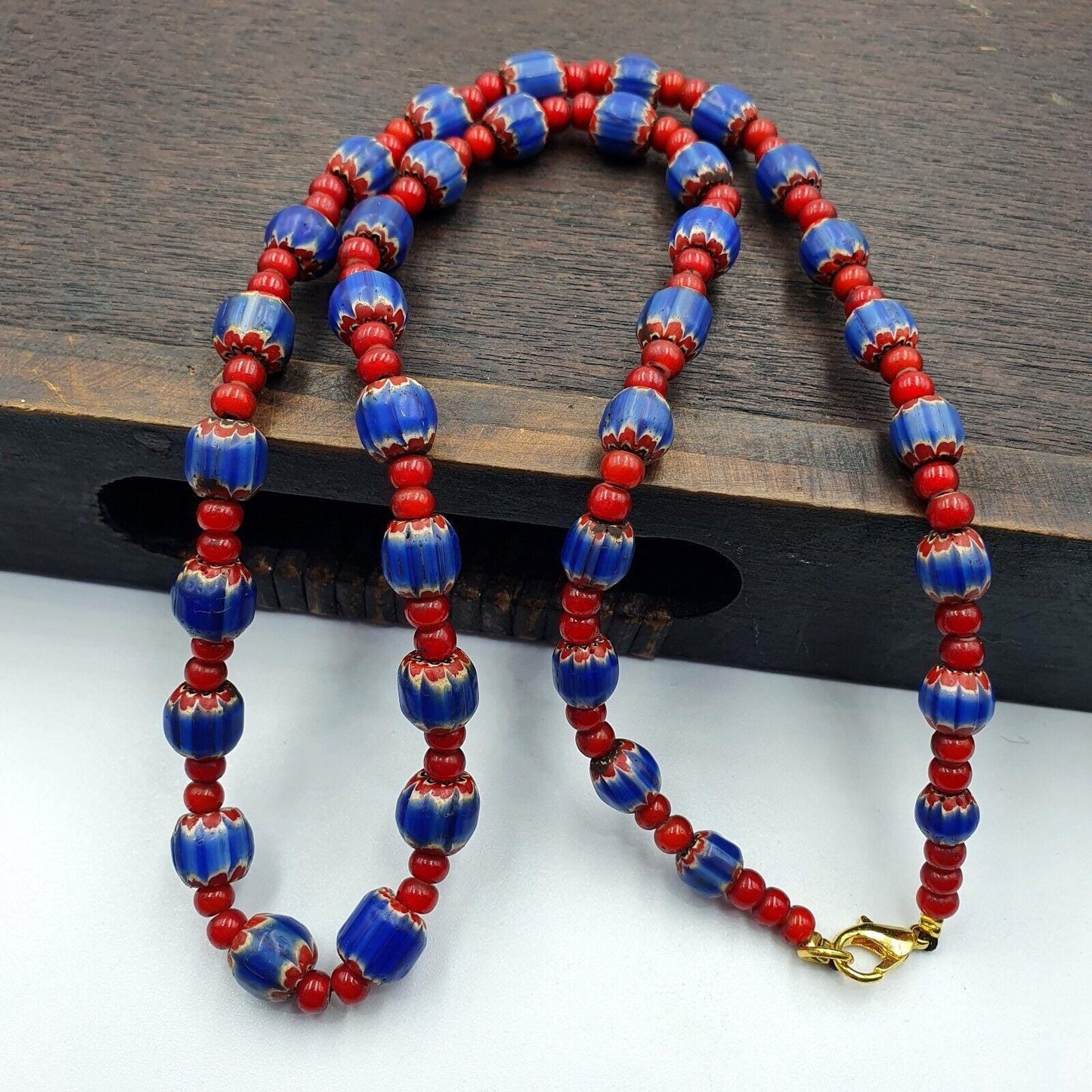 Antique vintage venetian white heart and blue chevron trade beads necklace w3