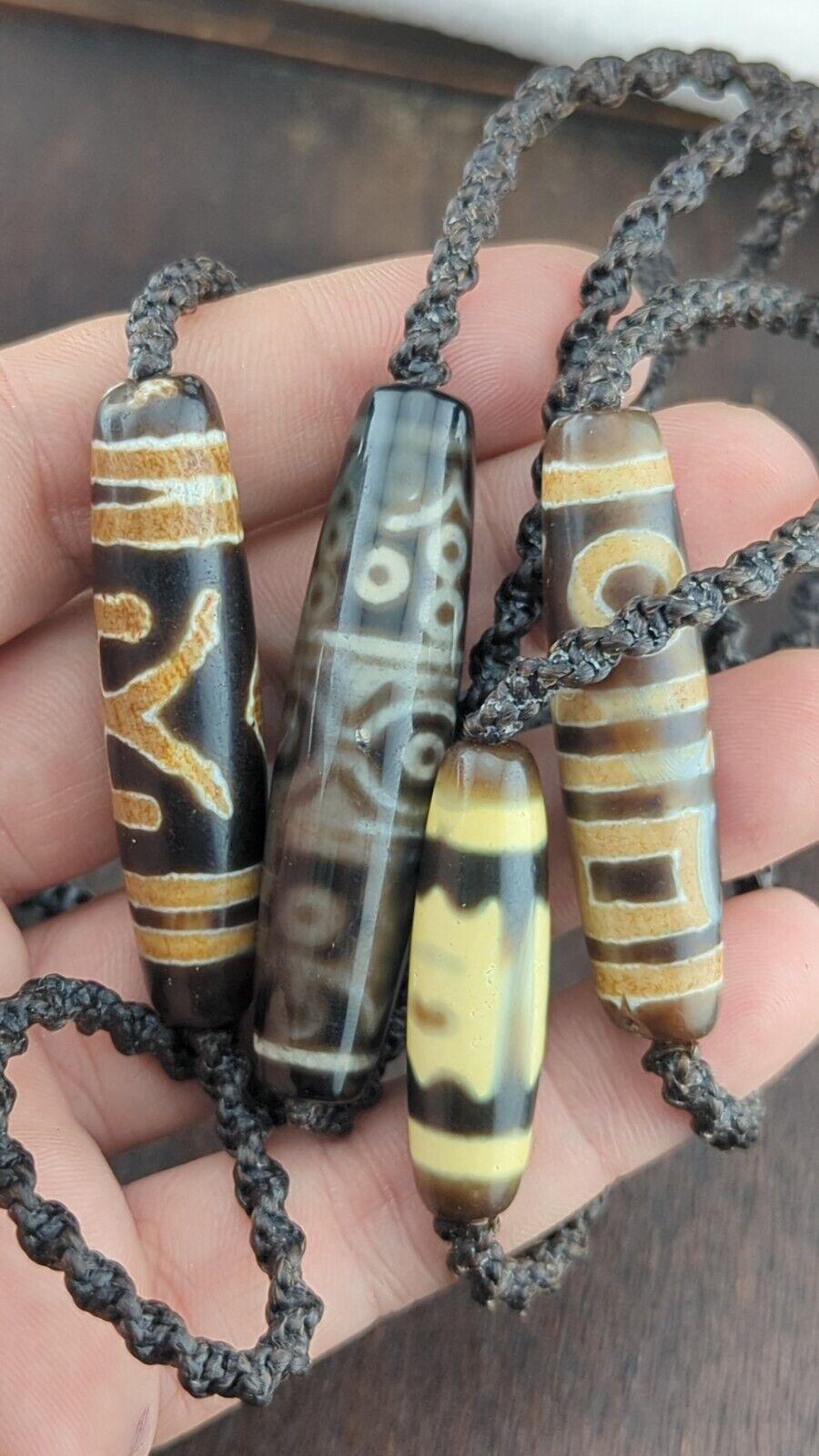 Lot 4 vintage old tibetan very unique eyes patterns agate stone dzi bead amulet