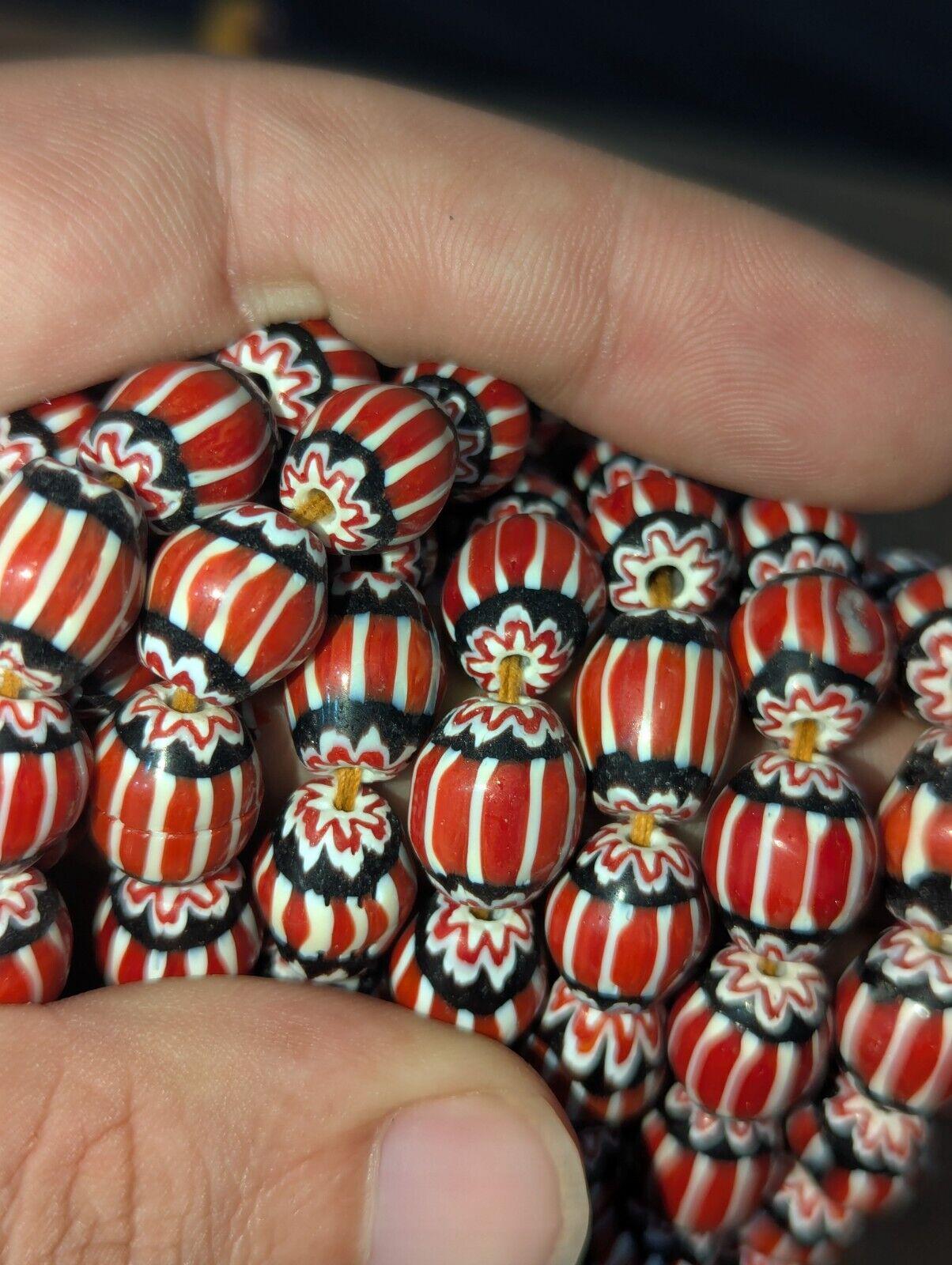 Vintage venetian style beads old african red chevron glass beads long strandGift