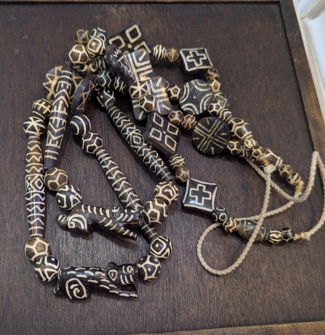 Lot 2 asian burmese old pumtek petrified wood stone beads necklaces