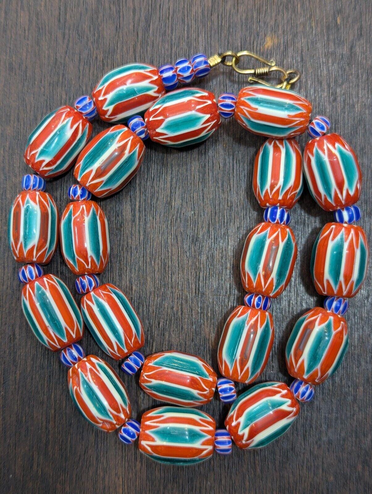 Big size venetian style old green red chevron glass beads long strandGift