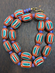 Big size venetian style old green red chevron glass beads long strand.