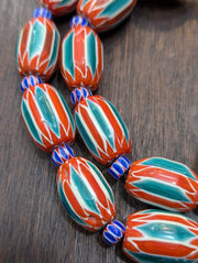 Big size venetian style old green red chevron glass beads long strand.