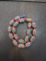 Big size venetian style old green red chevron glass beads long strand.