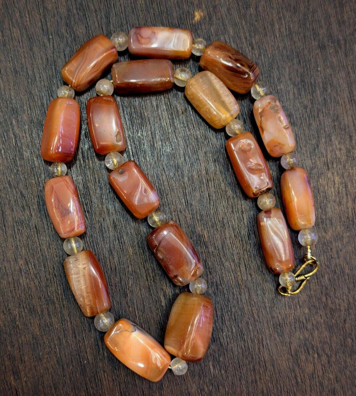 Antique african carnelian agate and himalayan quartz beads necklace agt-2