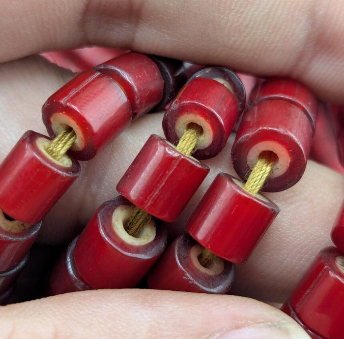 7mm antique venetian style cranberry red white heart beads necklace 24" long