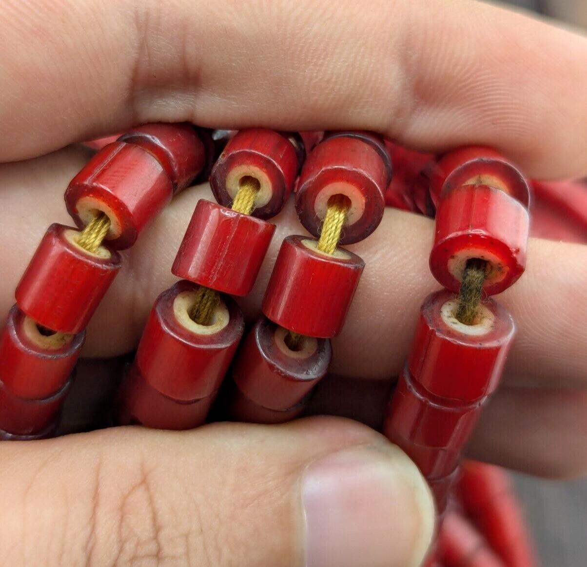 7mm antique venetian style cranberry red white heart beads necklace 24" long