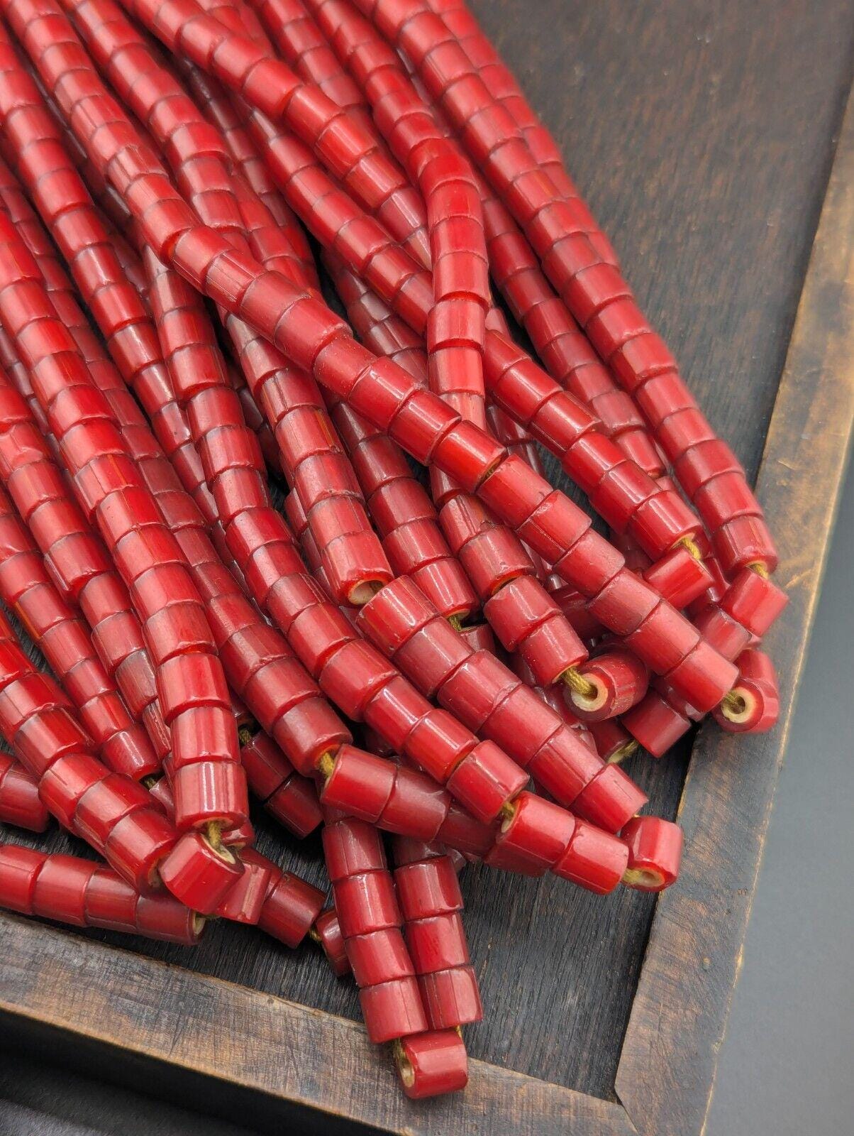 7mm antique venetian style cranberry red white heart beads necklace 24" long