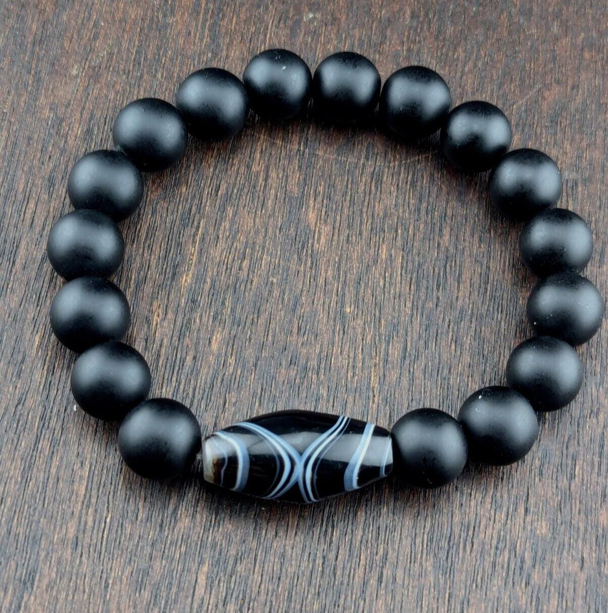 Vintage agate and black onyx beads bracelet #jn-br2