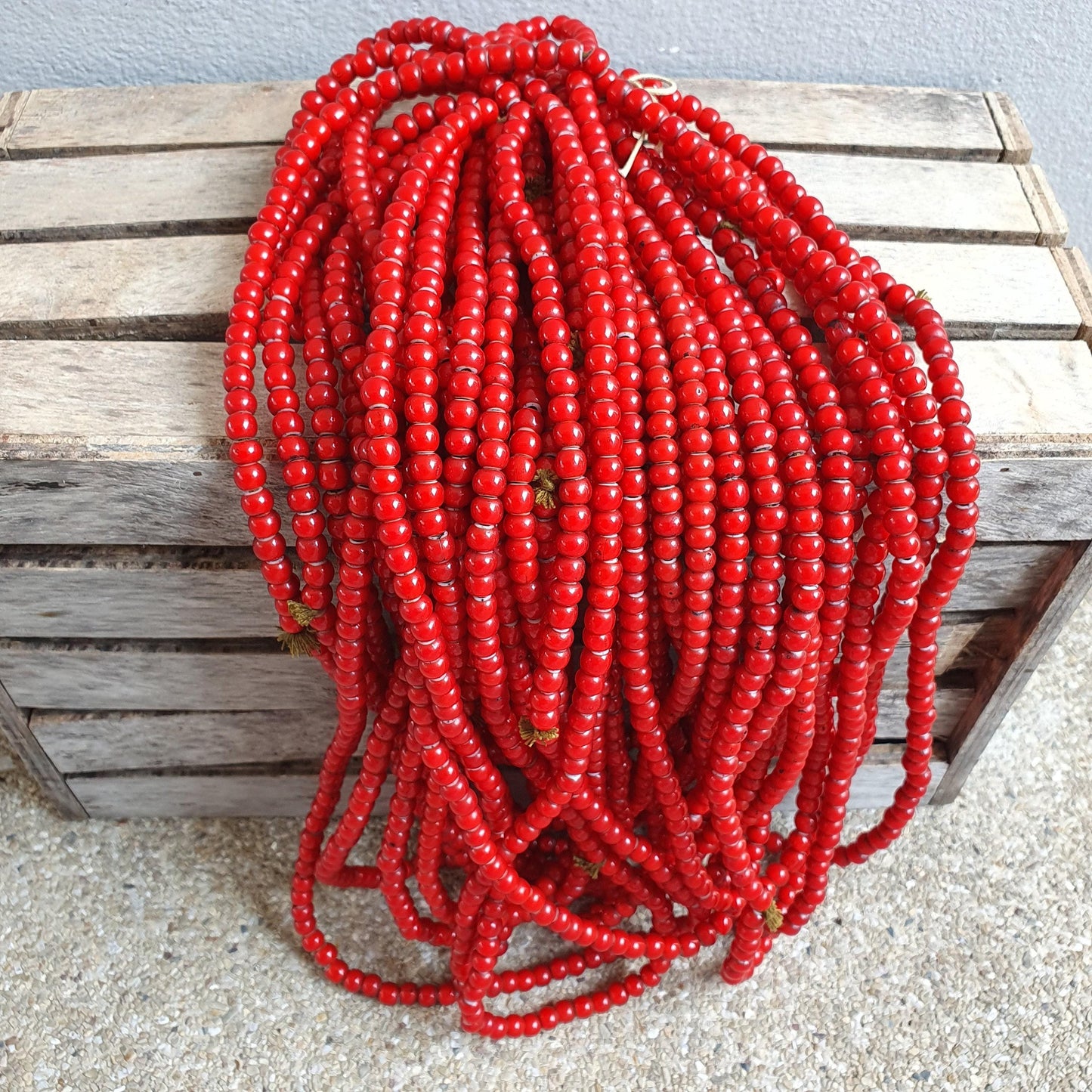 Vintage Venetian Red White Heart Trade Beads: 120 Bead Strand