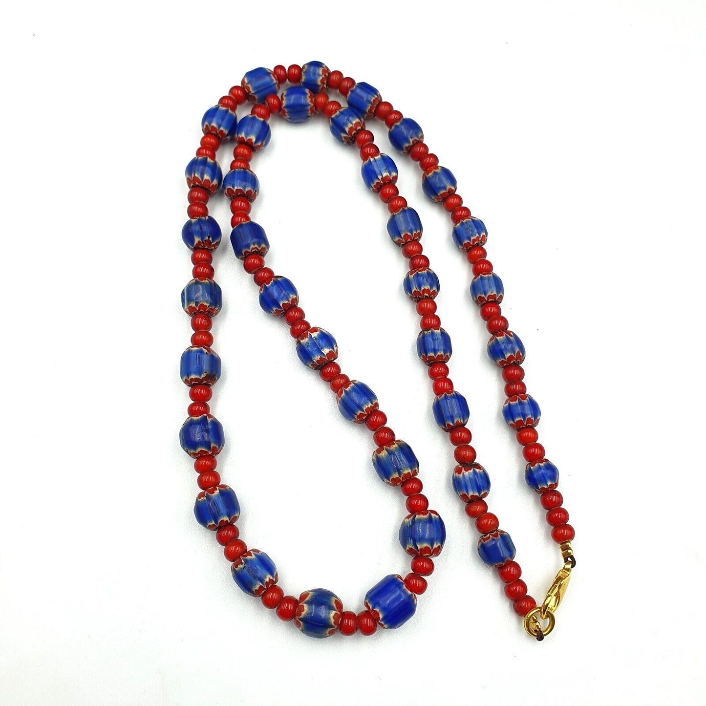 Antique vintage venetian white heart and blue chevron trade beads necklace w3