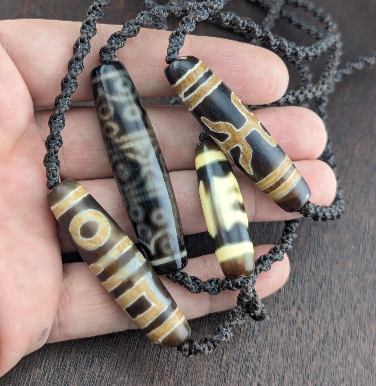 Lot 4 vintage old tibetan very unique eyes patterns agate stone dzi bead amulet