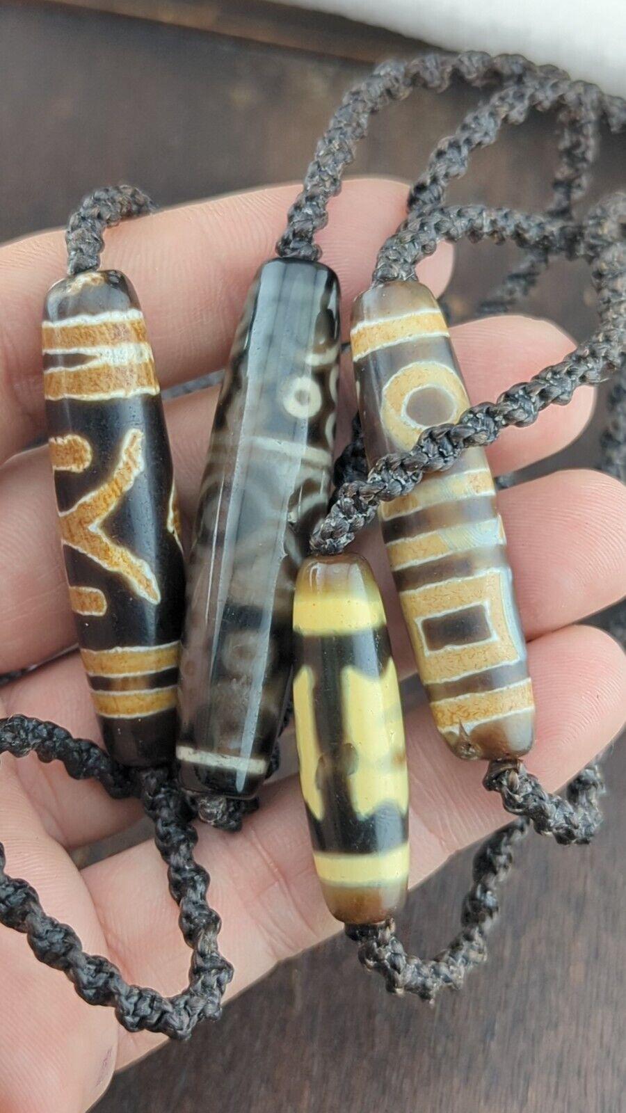 Lot 4 vintage old tibetan very unique eyes patterns agate stone dzi bead amulet