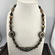 Asian burmese old pumtek petrified wood decorated stone beads strand necklace