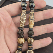 Asian burmese old pumtek petrified wood decorated stone beads strand necklace