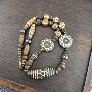 Asian burmese old pumtek petrified wood decorated stone beads strand necklace