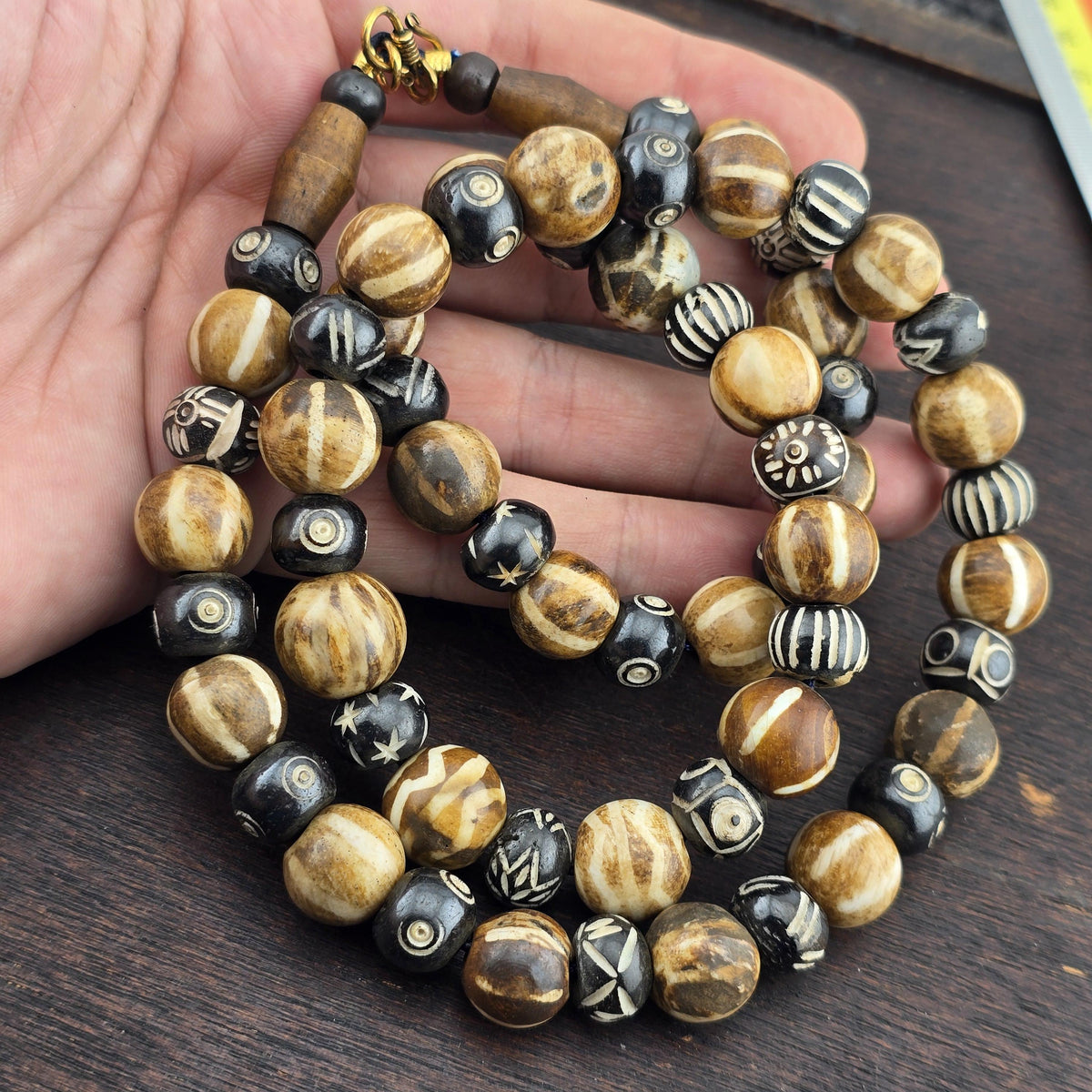 South Asian Burmese Old Pumtek Petrified Wood Stone Beads Long Necklace