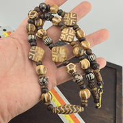 Asian burmese old pumtek petrified wood stone beads long necklace