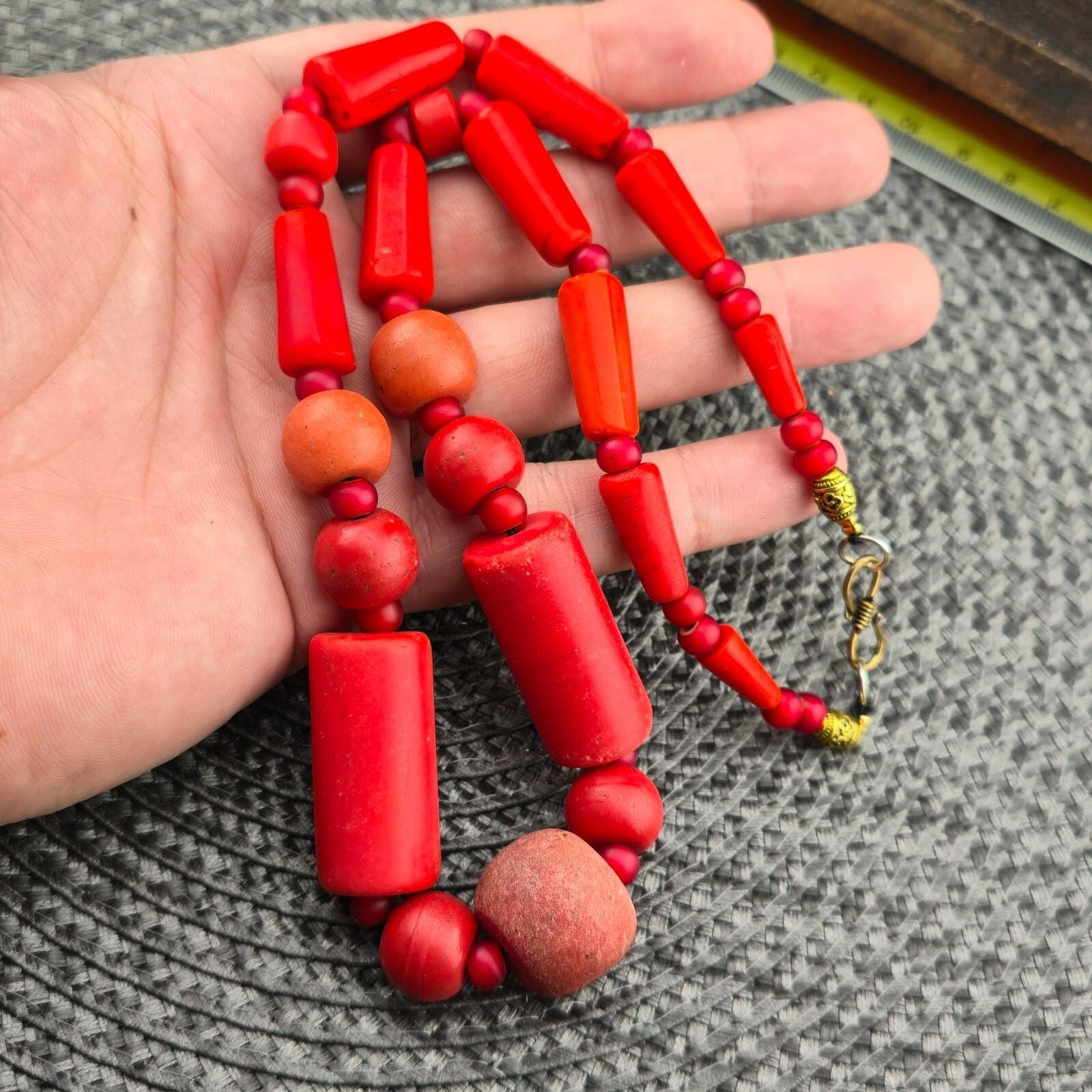 Antique african red glass antique beads necklace and 6mm whiteheart beadsGift